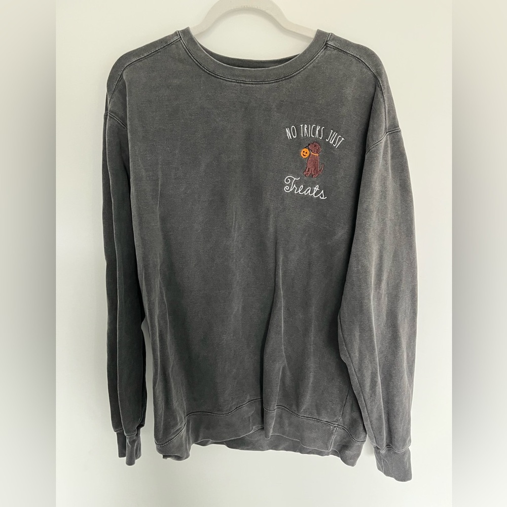 Distressed Grey Crewneck Sweatshirt with Embroidered Brown Dog for Halloween